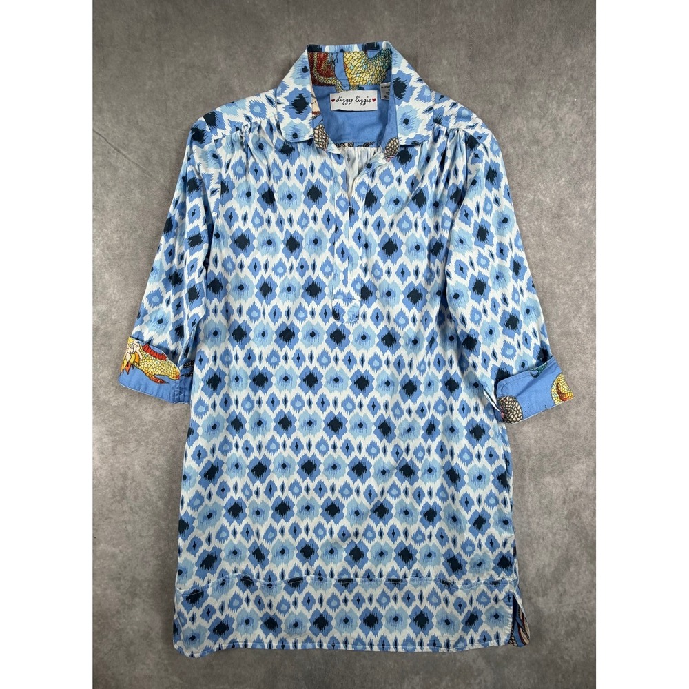 Dizzy Lizzie Womens Small Vail Tunic Blue Ikat Print 3/4 Sleeve